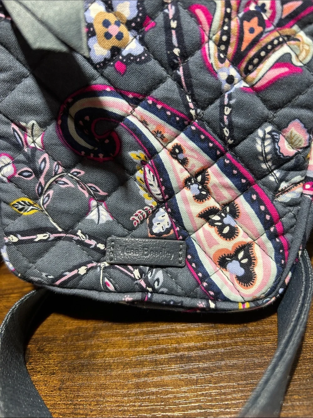 Vera Bradley Quilted Paisley Crossbody in Gray with Pink & Purple Accents